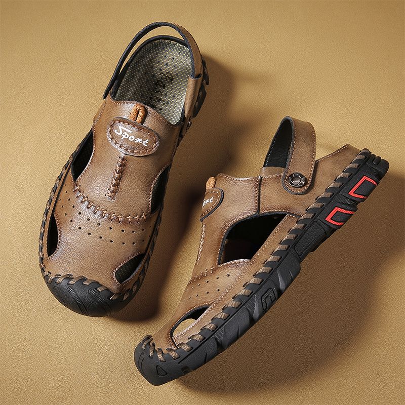 Mannen Echt Leer Ademend Hand Stiksels Twee Manieren Zachte Bodem Outdoor Casual Sandalen