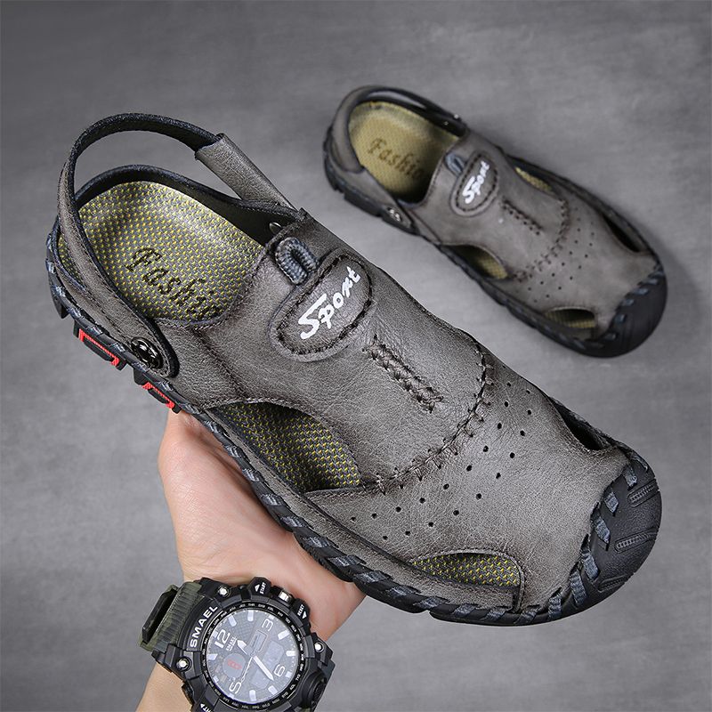 Mannen Echt Leer Ademend Hand Stiksels Twee Manieren Zachte Bodem Outdoor Casual Sandalen