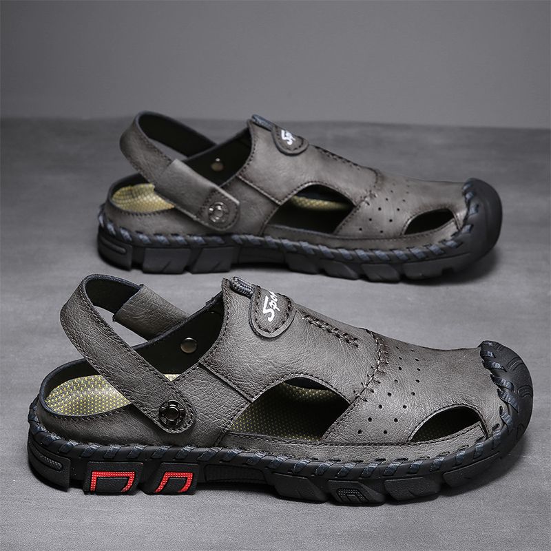 Mannen Echt Leer Ademend Hand Stiksels Twee Manieren Zachte Bodem Outdoor Casual Sandalen