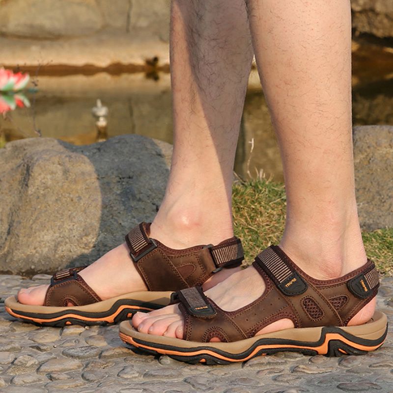 Mannen Echt Leer Ademende Haaklus Sandalen