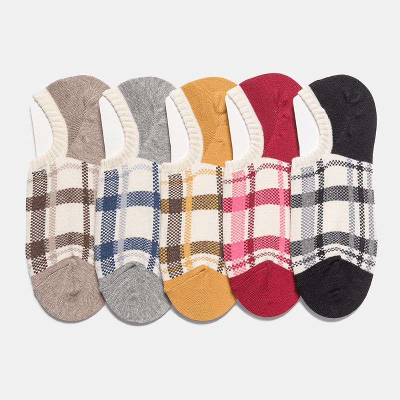 5 Pairs Vrouwen Retro Plaid Patroon Enkelsokken Ondiepe Mond Sokken Mode Dunne Comfortabele Zachte Ademende Boot Sokken