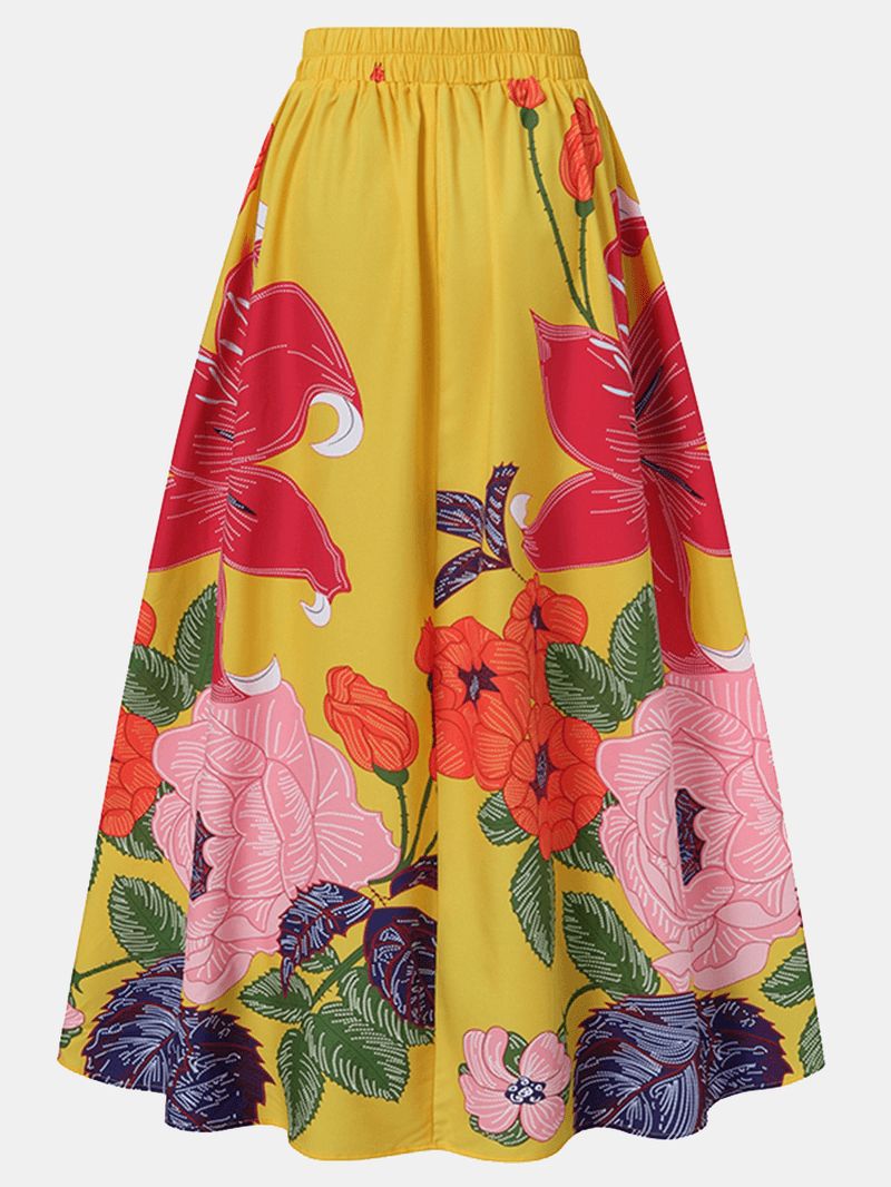 Dames Bloemenprint Casual Elastische Hoog Getailleerde Vakantie Maxi Rokken Met Zak