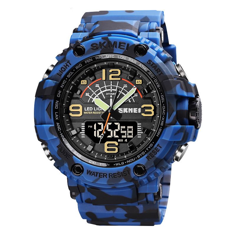 Led Light Sport Heren Digitaal Horloge 5atm Waterdicht Stopwatch Camouflage Dual Display Horloge