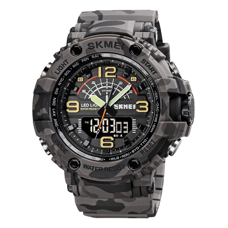 Led Light Sport Heren Digitaal Horloge 5atm Waterdicht Stopwatch Camouflage Dual Display Horloge