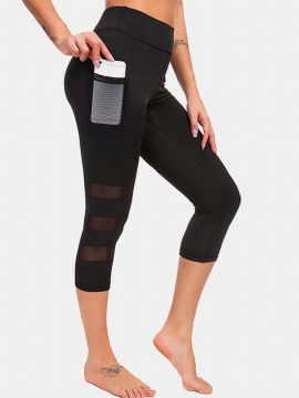 Dames Mesh Patchwork Bodycon Cropped Yoga Sportlegging Met Zakken