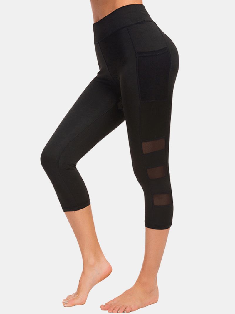 Dames Mesh Patchwork Bodycon Cropped Yoga Sportlegging Met Zakken