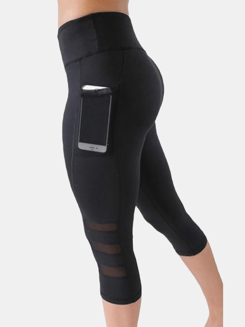 Dames Mesh Patchwork Bodycon Cropped Yoga Sportlegging Met Zakken