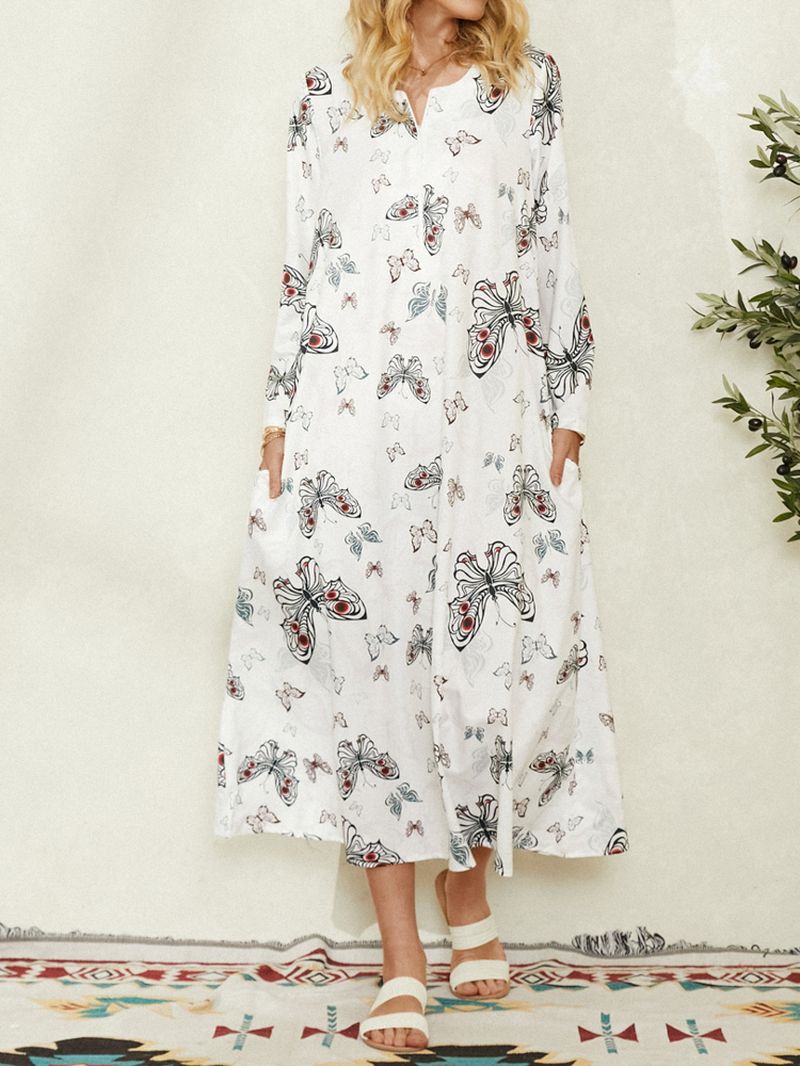 Casual Maxi-jurk Met Vlinderprint En Lange Mouwen Voor Dames