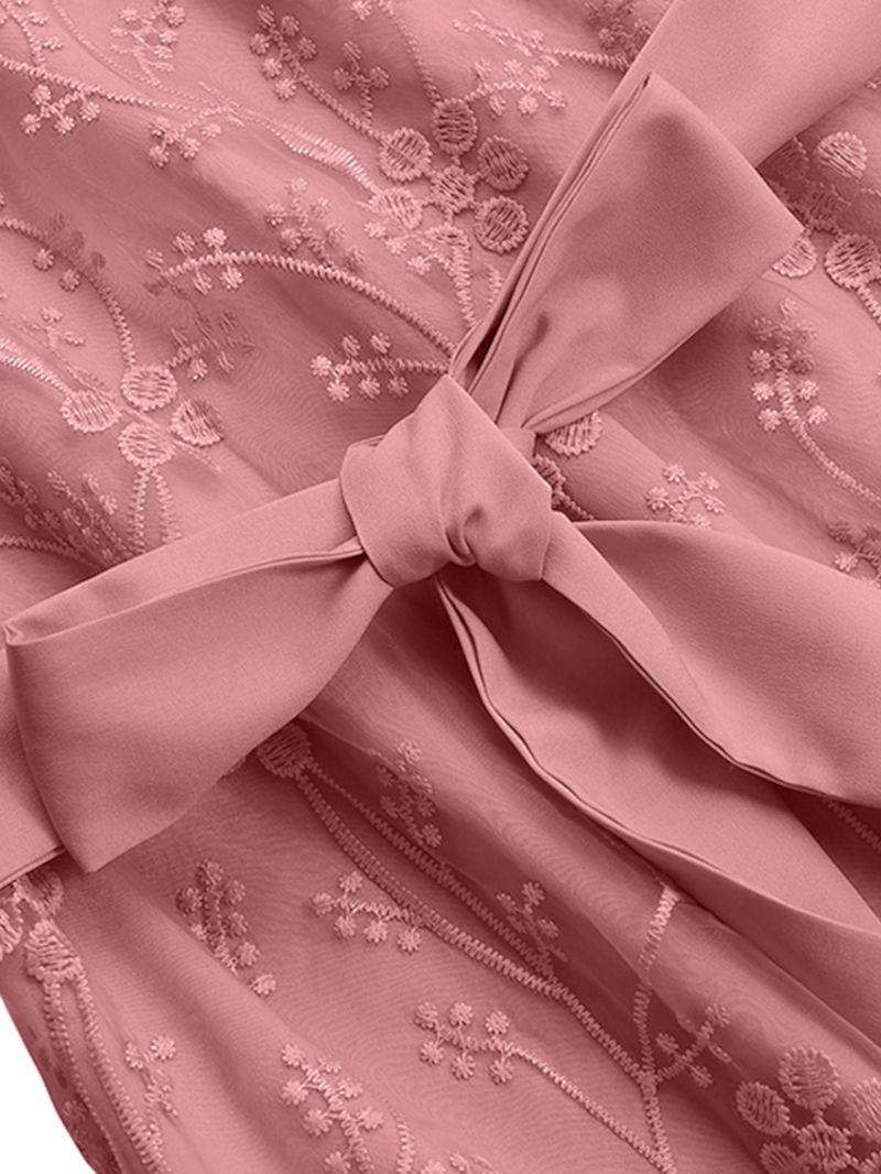 Dames Bloemen Borduurwerk Stiksels Lace Up Casual Elastische Manchetten Maxi-jurken