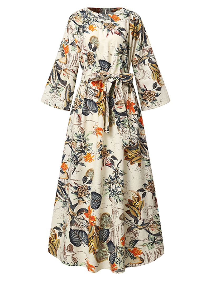 Dames Bloemenprint O-hals 3/4 Mouw Casual Maxi-jurken Met Riem