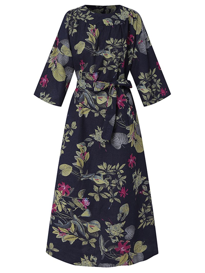 Dames Bloemenprint O-hals 3/4 Mouw Casual Maxi-jurken Met Riem