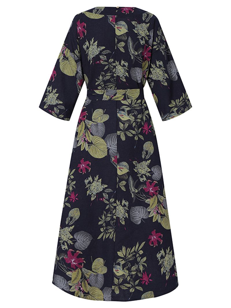 Dames Bloemenprint O-hals 3/4 Mouw Casual Maxi-jurken Met Riem