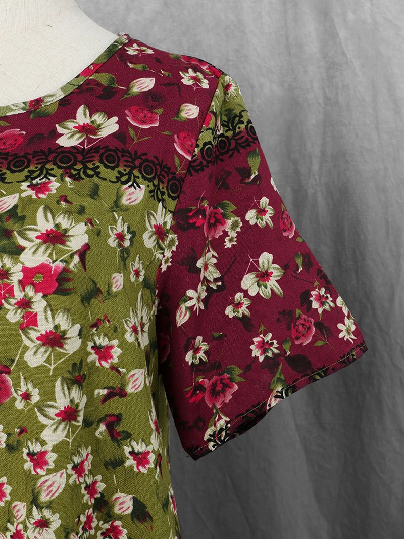 Dames Casual Losse Katoenen Jurk Met Korte Mouwen En Bloemenprint