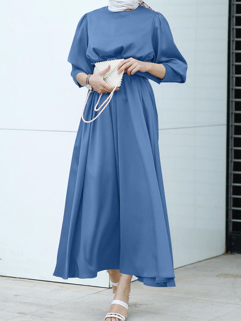 Dames Pure Color Lace-up Puff Sleeve Casual Kaftan Maxi-jurken