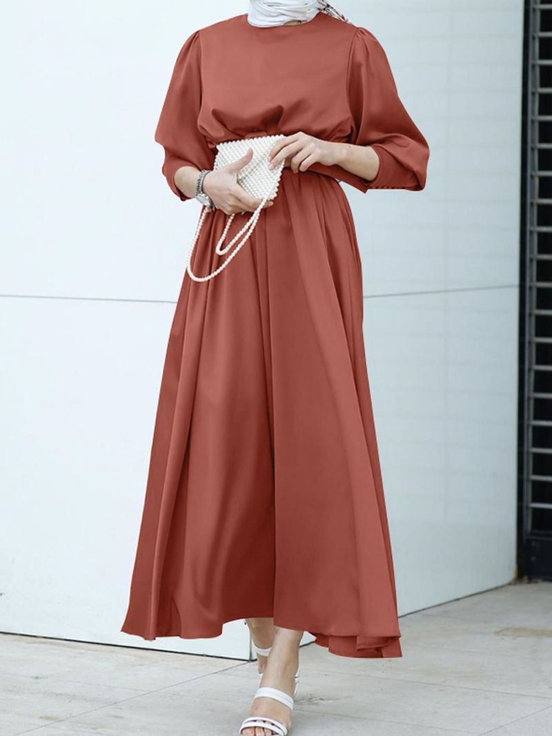 Dames Pure Color Lace-up Puff Sleeve Casual Kaftan Maxi-jurken