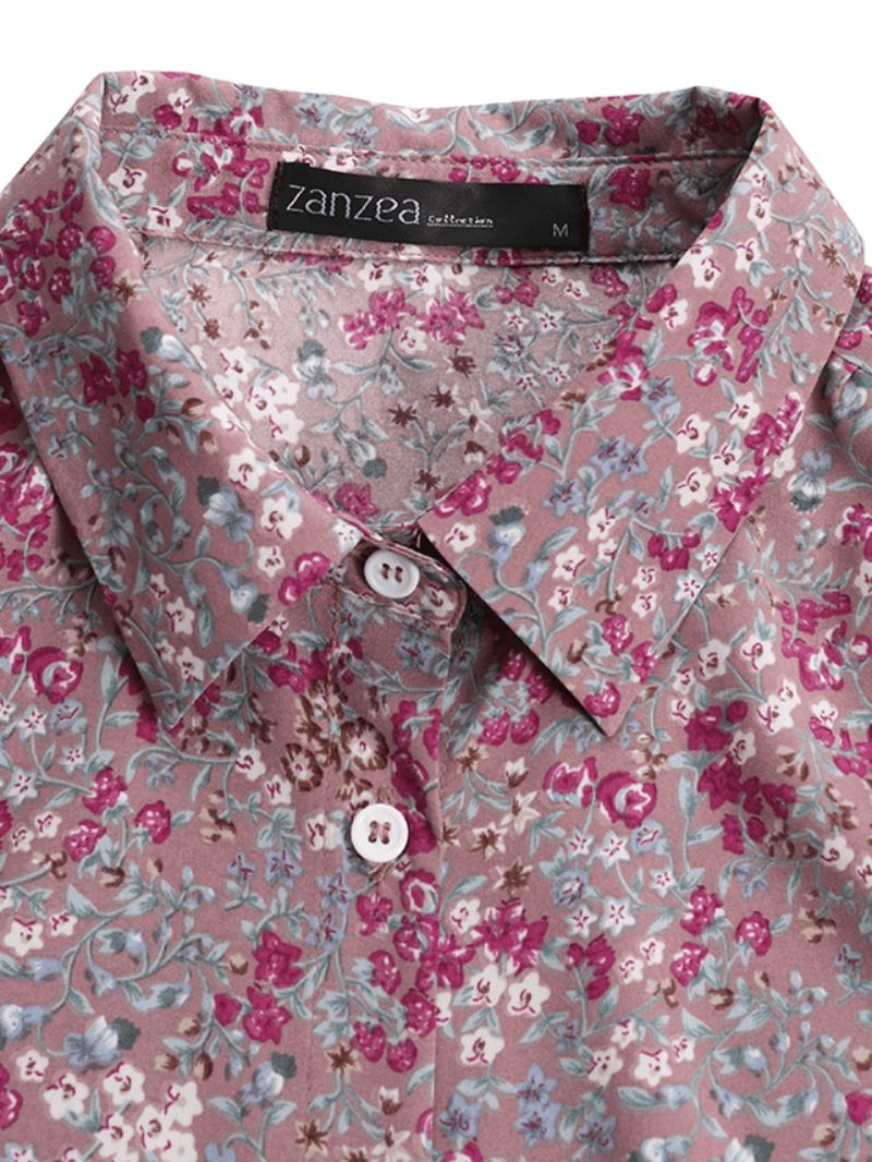 Vintage Bloemenprint Revers Plooien Lange Mouw Boheemse Shirt Maxi Jurk Voor Dames