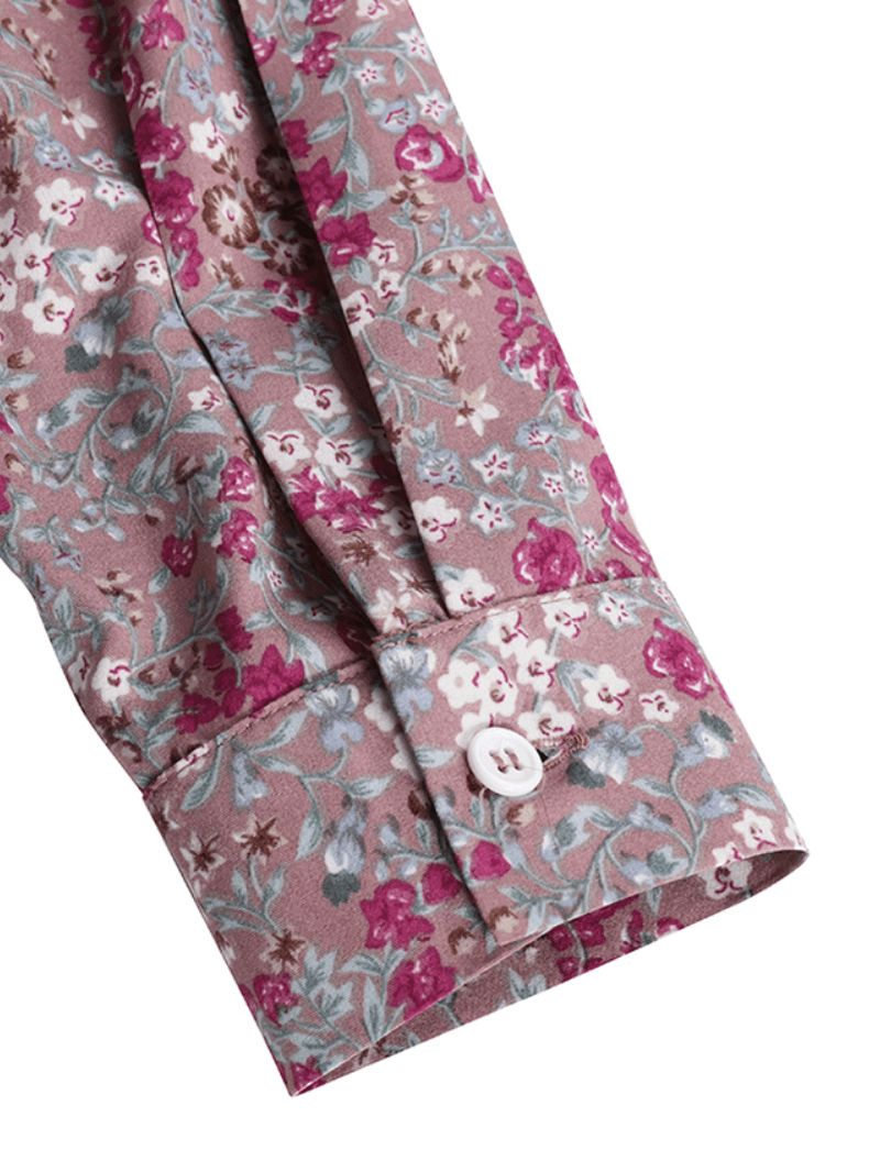 Vintage Bloemenprint Revers Plooien Lange Mouw Boheemse Shirt Maxi Jurk Voor Dames