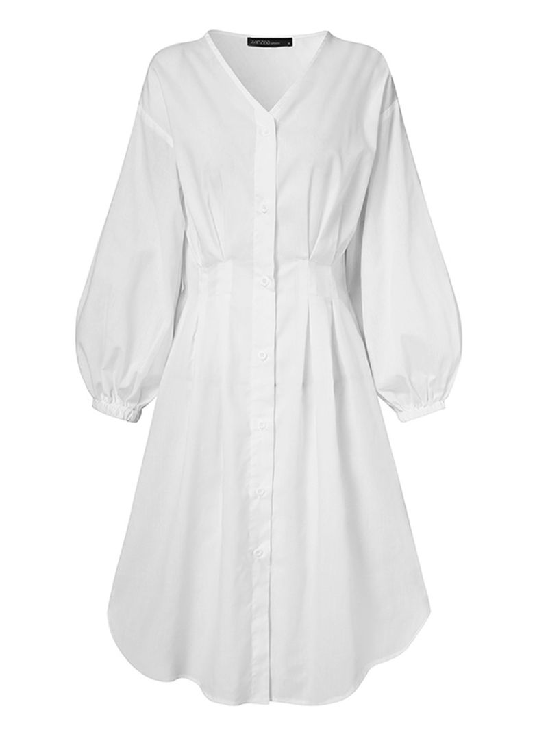 Dames Effen Kleur Puff Sleeve Button-up V-hals Elastische Taille Eenvoudige Geplooide Midi-shirtjurken