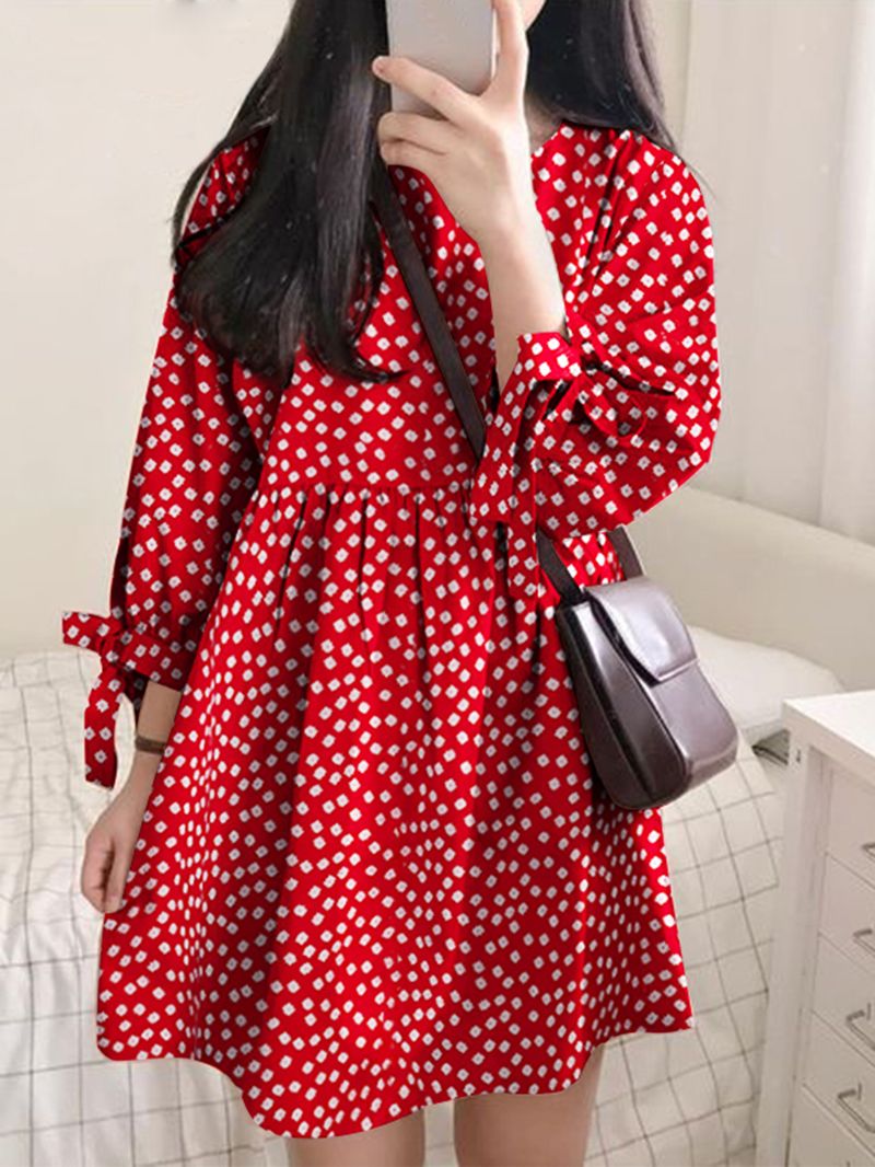 Dames Katoenen Polkadot Plooi Ronde Hals Losse Casual Mini-jurk