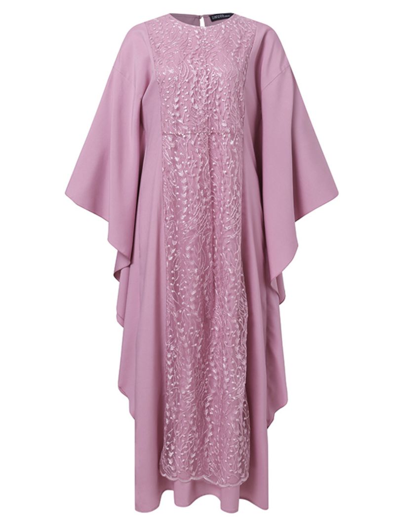 Dames Lange Mouwen Kant Patchwork Vleermuismouwen Kaftan Tuniek Effen Kleur Pleats Midi Jurken