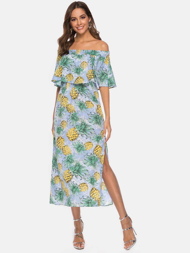 Dames Off-shoulder Bloemenprint Gespleten Causale Midi-jurk