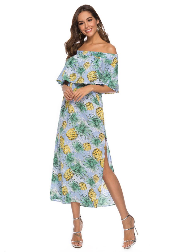 Dames Off-shoulder Bloemenprint Gespleten Causale Midi-jurk