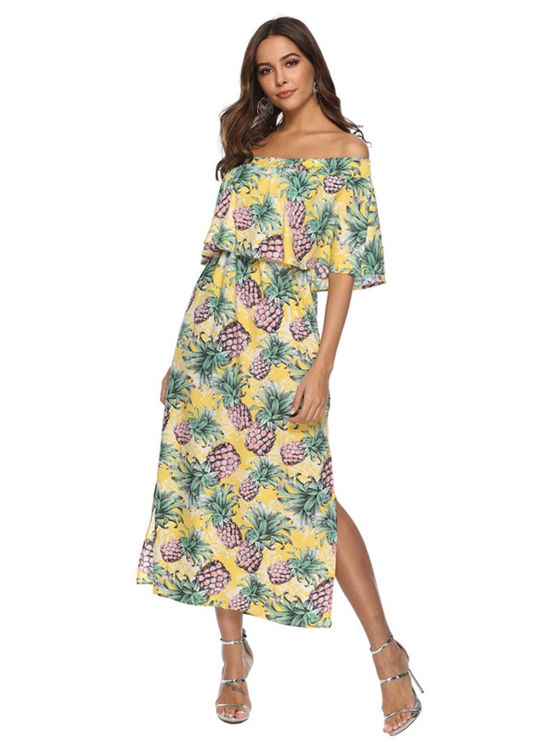 Dames Off-shoulder Bloemenprint Gespleten Causale Midi-jurk