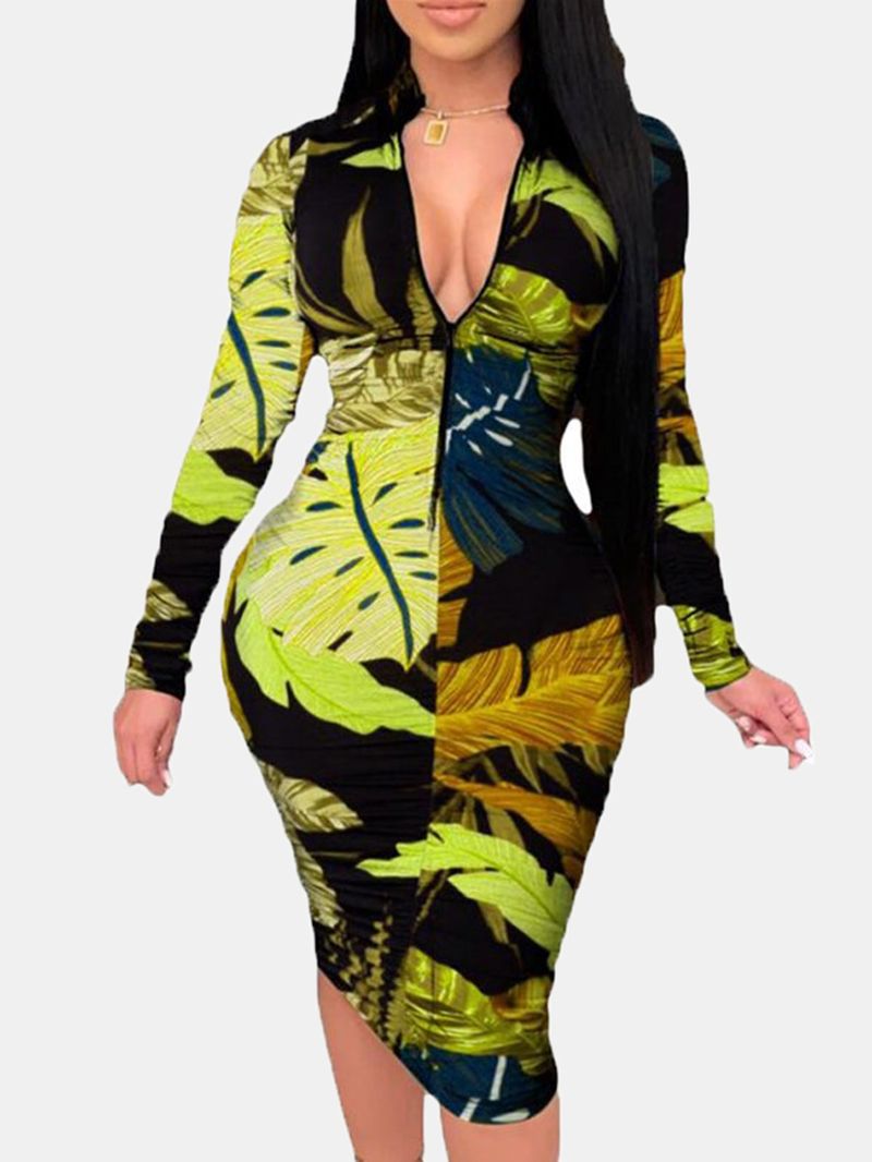 Dames Plant Leaves Print Elegante Midi-jurk Met Lange Mouwen Rits