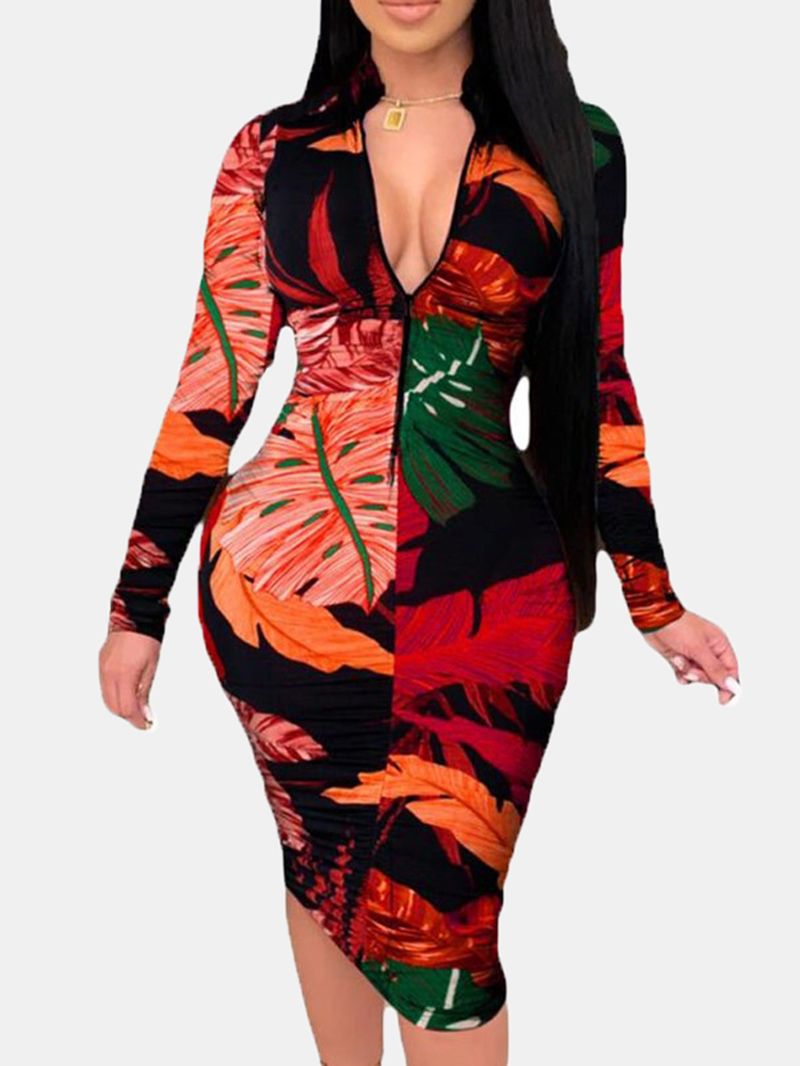 Dames Plant Leaves Print Elegante Midi-jurk Met Lange Mouwen Rits