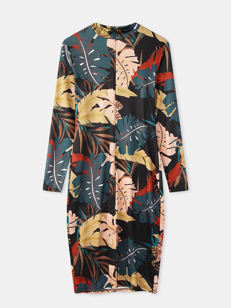 Dames Plant Leaves Print Elegante Midi-jurk Met Lange Mouwen Rits