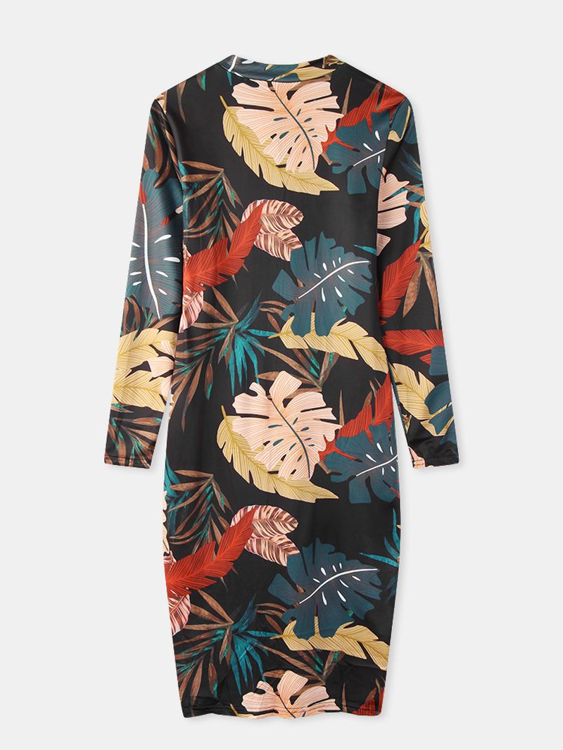 Dames Plant Leaves Print Elegante Midi-jurk Met Lange Mouwen Rits