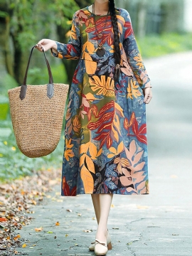 Vintage Casual Midi-jurk Met Bloemenprint En Zijzakken