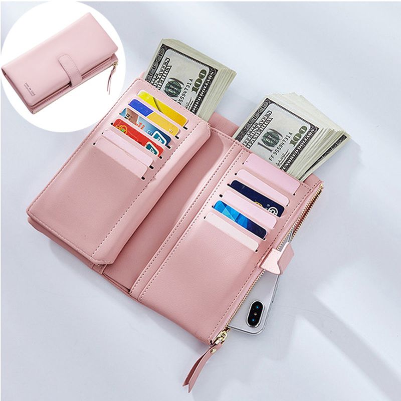 Dames Kunstleer Tri-fold 22 Card Slot Portemonnee Casual Solide Telefoon Portemonnee Lange Portemonnee