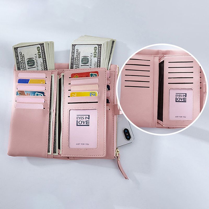 Dames Kunstleer Tri-fold 22 Card Slot Portemonnee Casual Solide Telefoon Portemonnee Lange Portemonnee