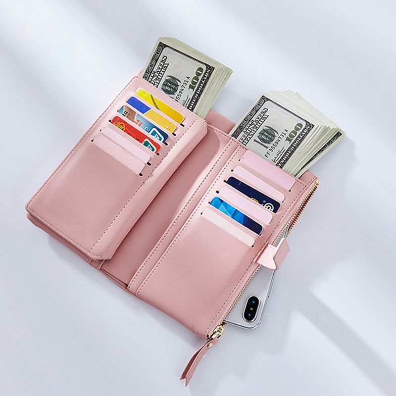 Dames Kunstleer Tri-fold 22 Card Slot Portemonnee Casual Solide Telefoon Portemonnee Lange Portemonnee