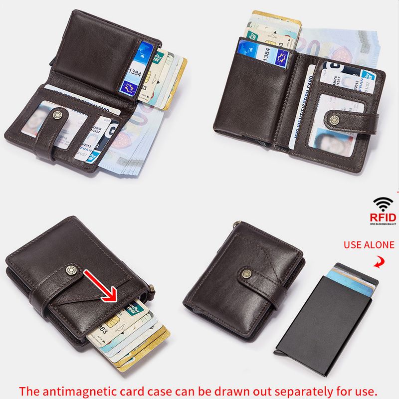 Mannen Bifold Short Blocking Antimagnetische Portemonnee Eerste Laag Koeienhuid 9 Card Slot Kaarthouder Geld Clip