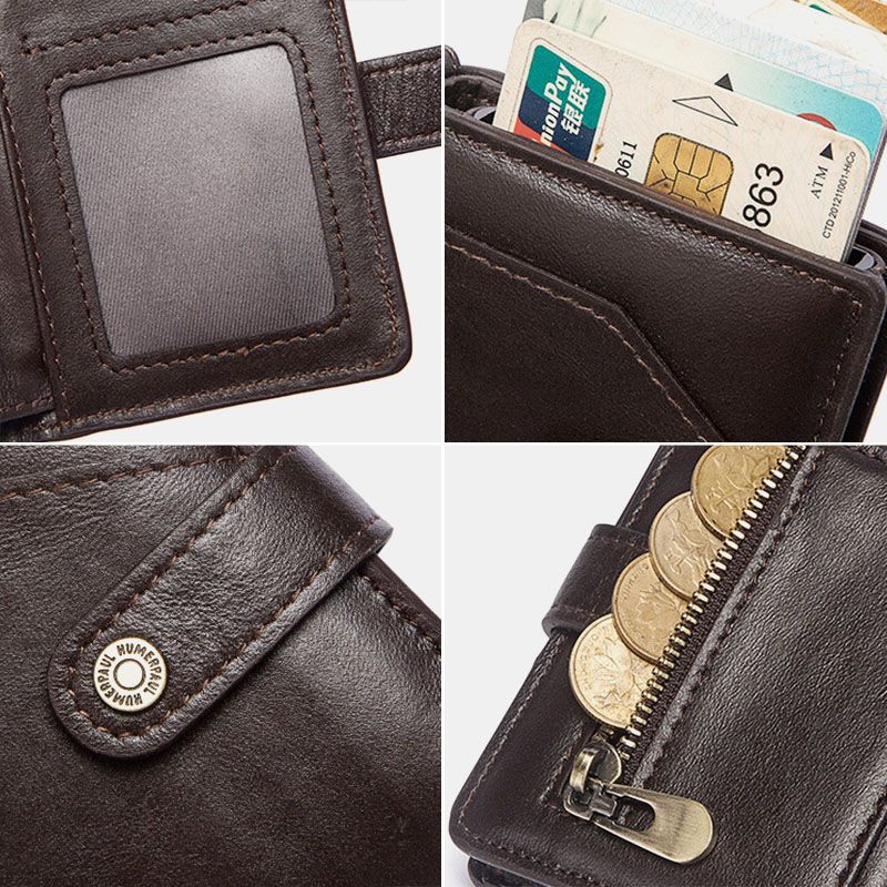 Mannen Bifold Short Blocking Antimagnetische Portemonnee Eerste Laag Koeienhuid 9 Card Slot Kaarthouder Geld Clip