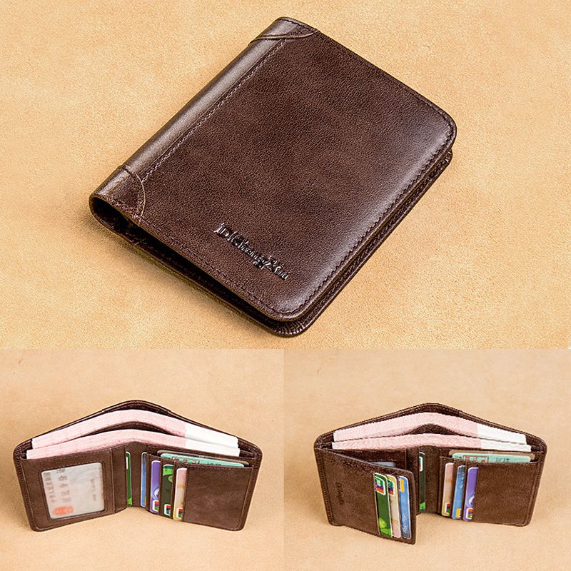 Mannen Blokkeren Veilige Portemonnee Mode Vintage Portemonnees Echt Leer Tri-fold Portemonnee Korte Portemonnee