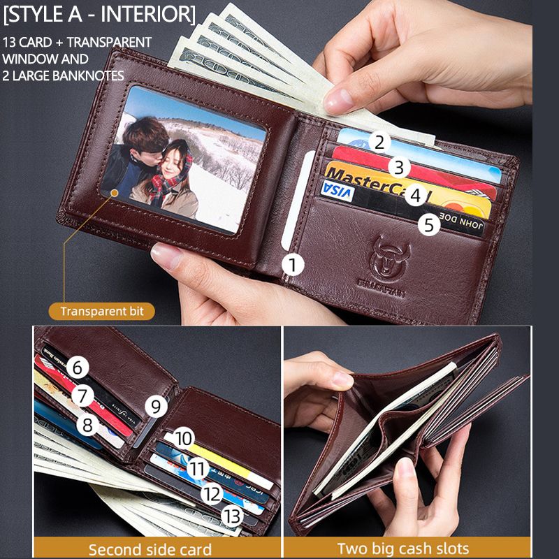 Mannen Horizontale Verticale Portefeuilles Bifold Anti-diefstal Borstel Multi-card Slot Kaarthouder Geld Clip Koeienhuid Portefeuilles