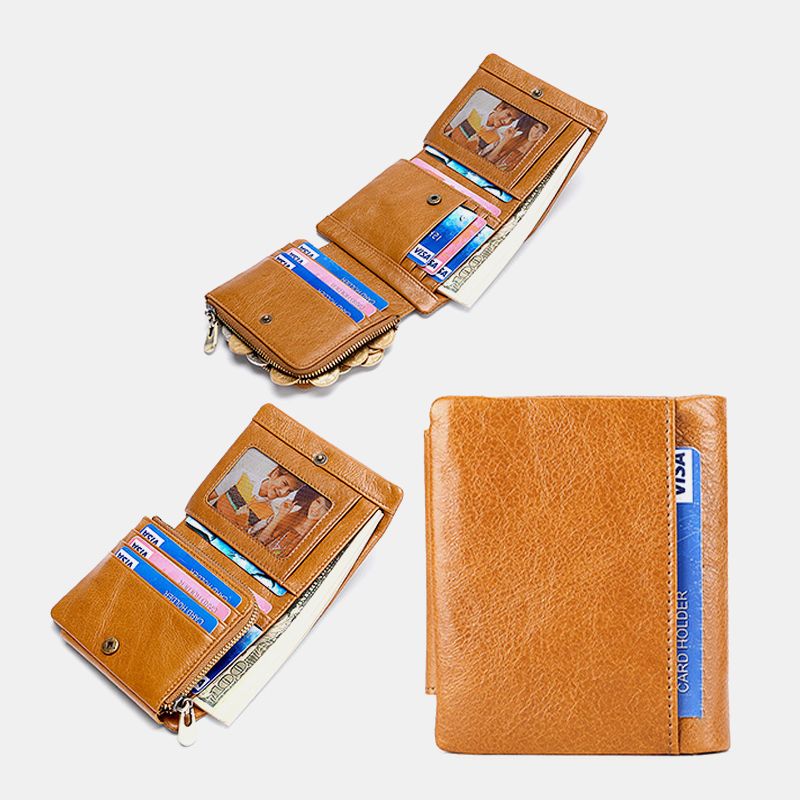 Mannen Lederen Koeienhuid Retro Business Trifold Multi-slot Coin Bag Kaarthouder Portemonnee