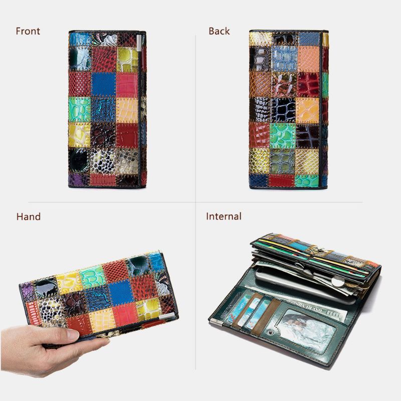 Vrouwen Echt Leer Bifold Gekleurde Geometrische Patroon Multi-card Slot Card Case Geld Clip Portemonnee Lange Clutch Portefeuilles