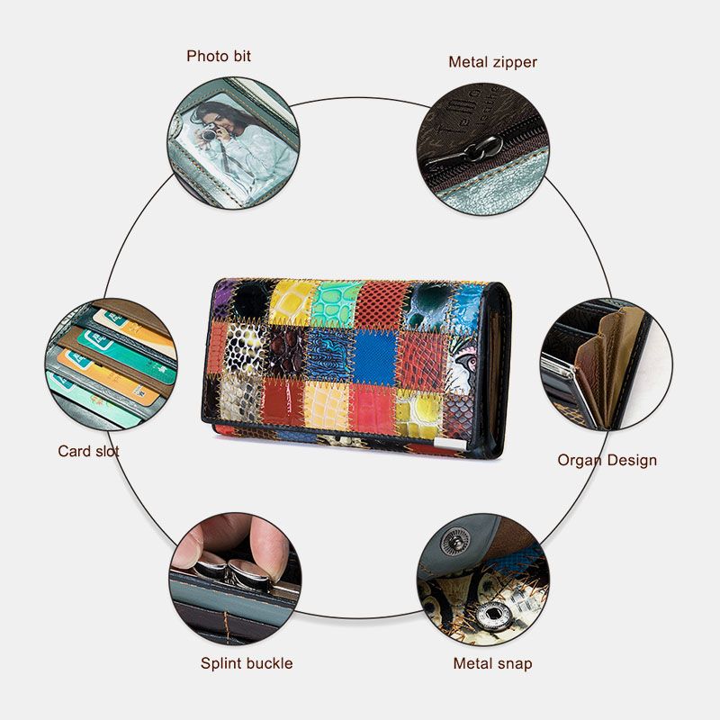 Vrouwen Echt Leer Bifold Gekleurde Geometrische Patroon Multi-card Slot Card Case Geld Clip Portemonnee Lange Clutch Portefeuilles