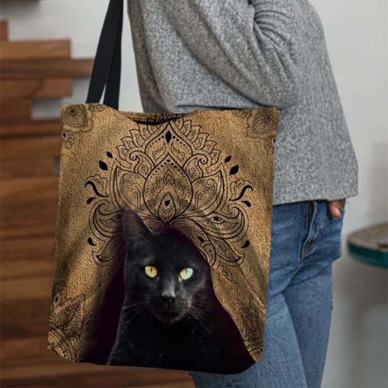 Dames Canvas Schattige Zwarte Kat Patroon Handtas Tote Schoudertas