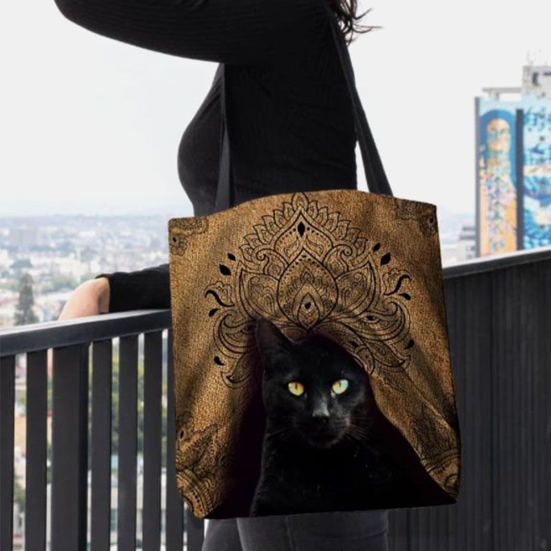 Dames Canvas Schattige Zwarte Kat Patroon Handtas Tote Schoudertas