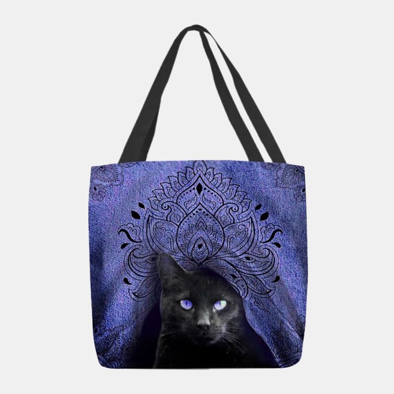 Dames Canvas Schattige Zwarte Kat Patroon Handtas Tote Schoudertas