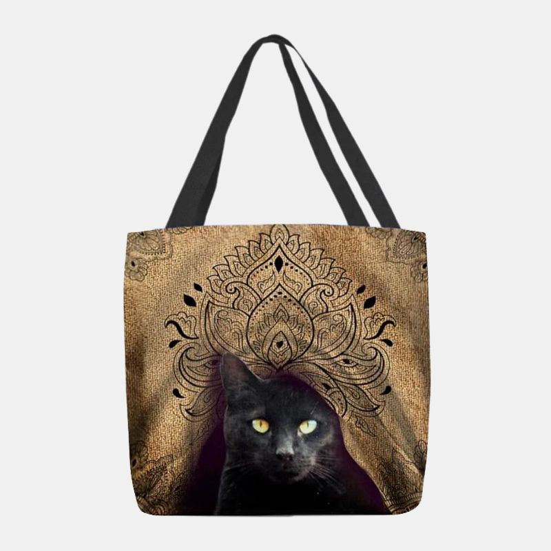 Dames Canvas Schattige Zwarte Kat Patroon Handtas Tote Schoudertas