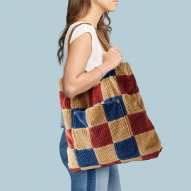 Dames Kleur Matching Grote Capaciteit Tote Corduroy Plaid Voorvak Vintage Schoudertas Handtas