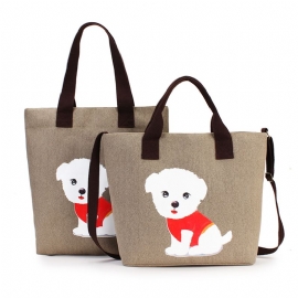 Dames Mooie Handtas Hond Patroon Schouder Canvas Rits Zakken