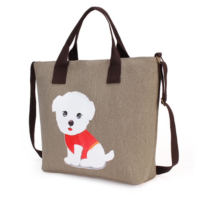 Dames Mooie Handtas Hond Patroon Schouder Canvas Rits Zakken