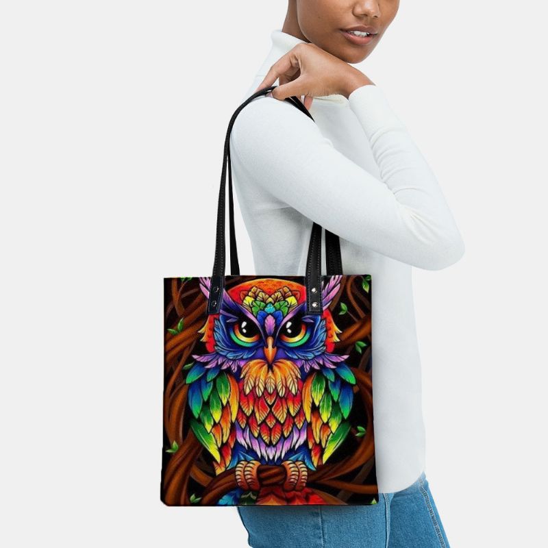 Kleur Uil Print Patroon Lederen Draagtas Sticker Schoudertas Handtas Tote Met Ingebouwde Kleine Tas